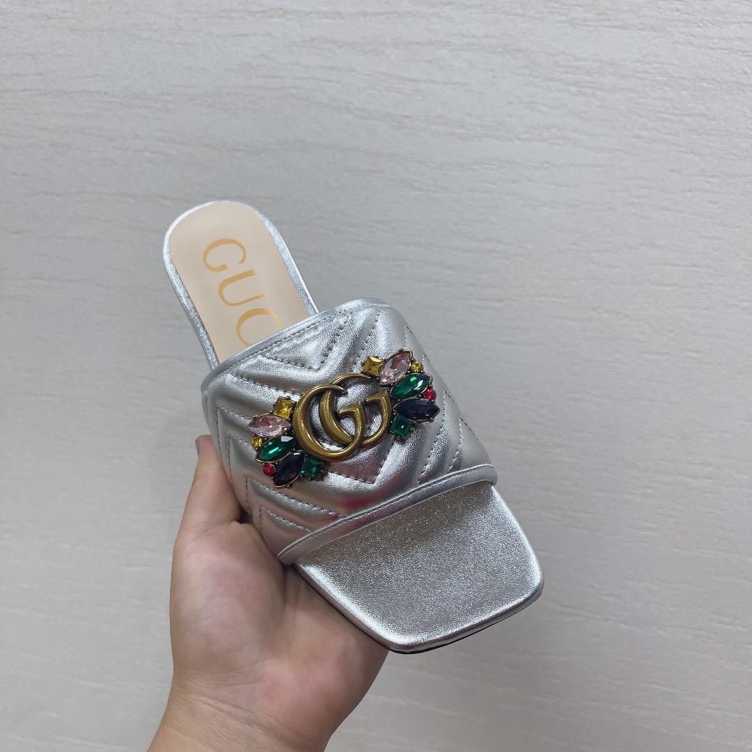 Gucci Women's Crystal Embellished Leather Slide Sandals - FashionPlug