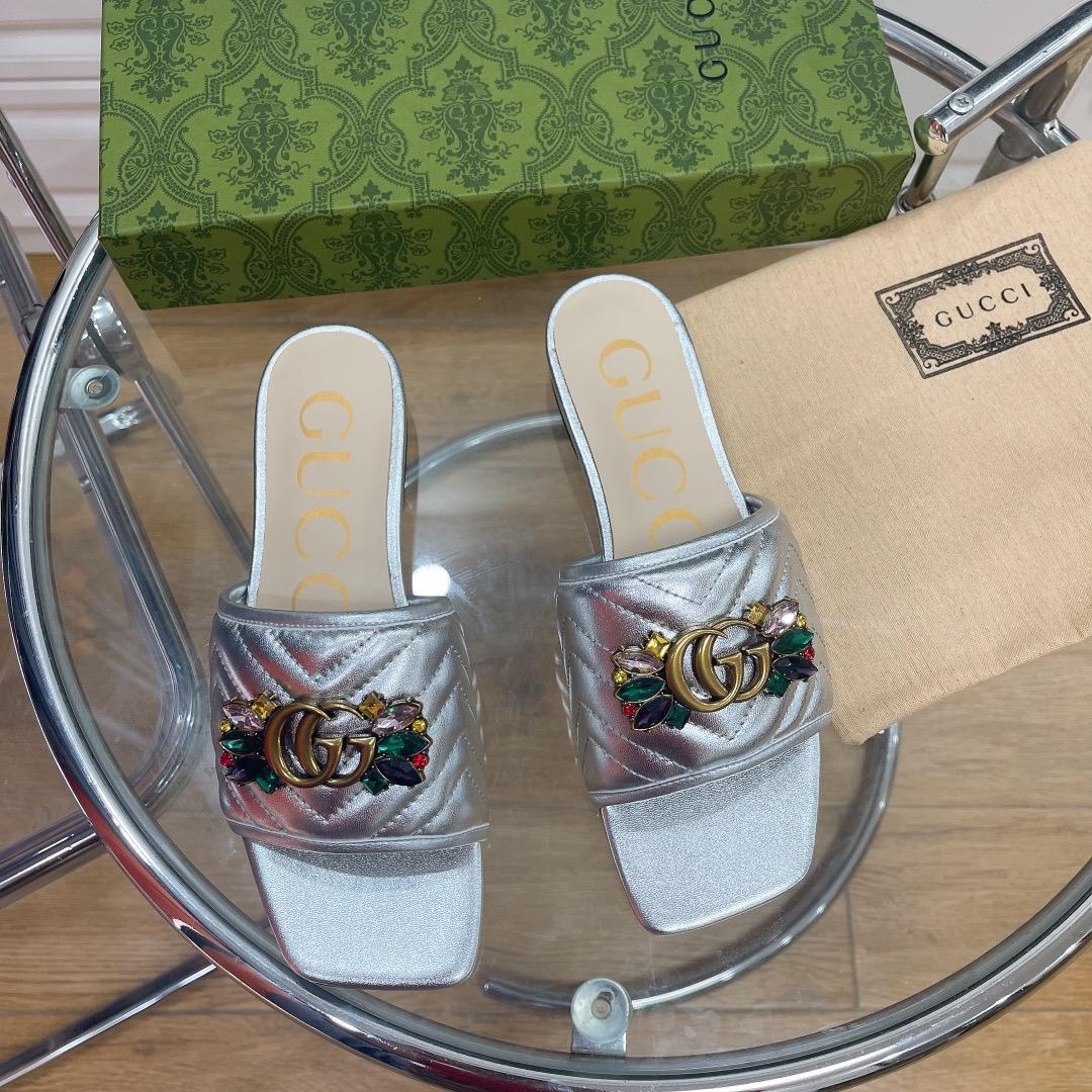 Gucci Women's Crystal Embellished Leather Slide Sandals - FashionPlug