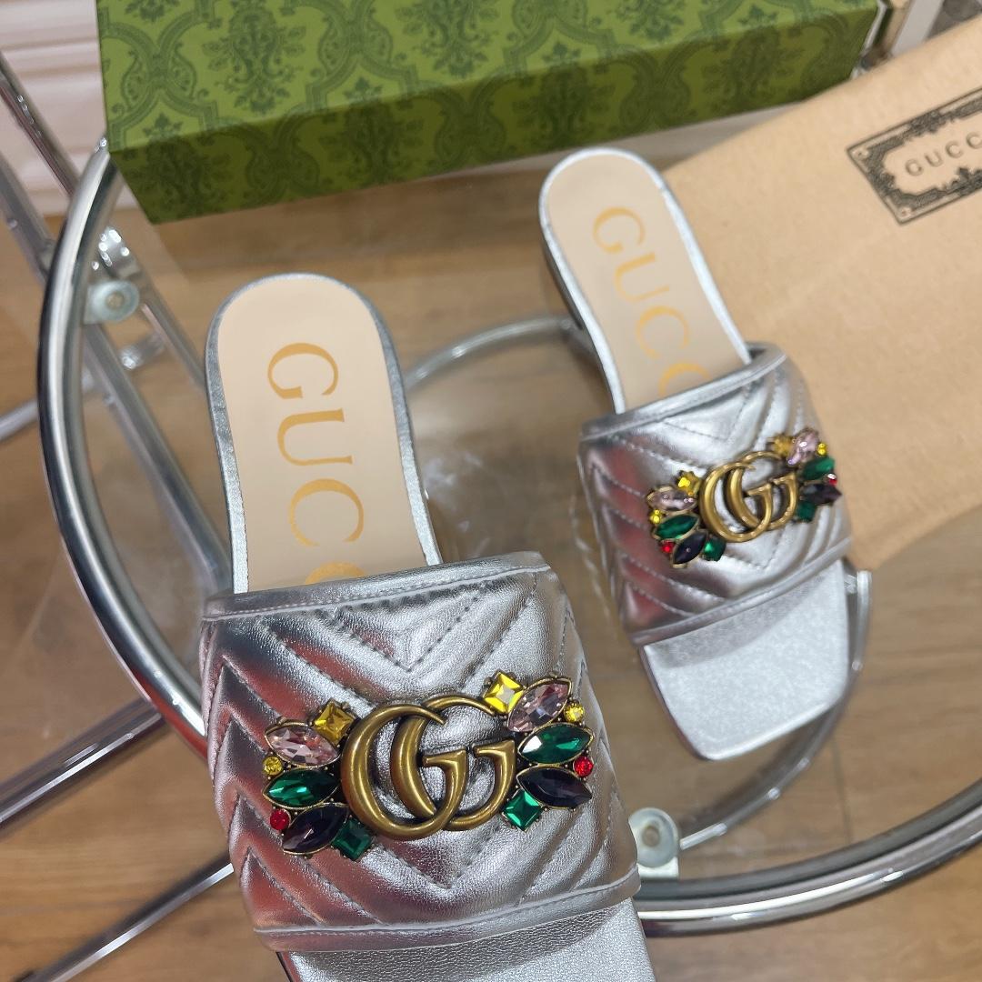 Gucci Women's Crystal Embellished Leather Slide Sandals - FashionPlug