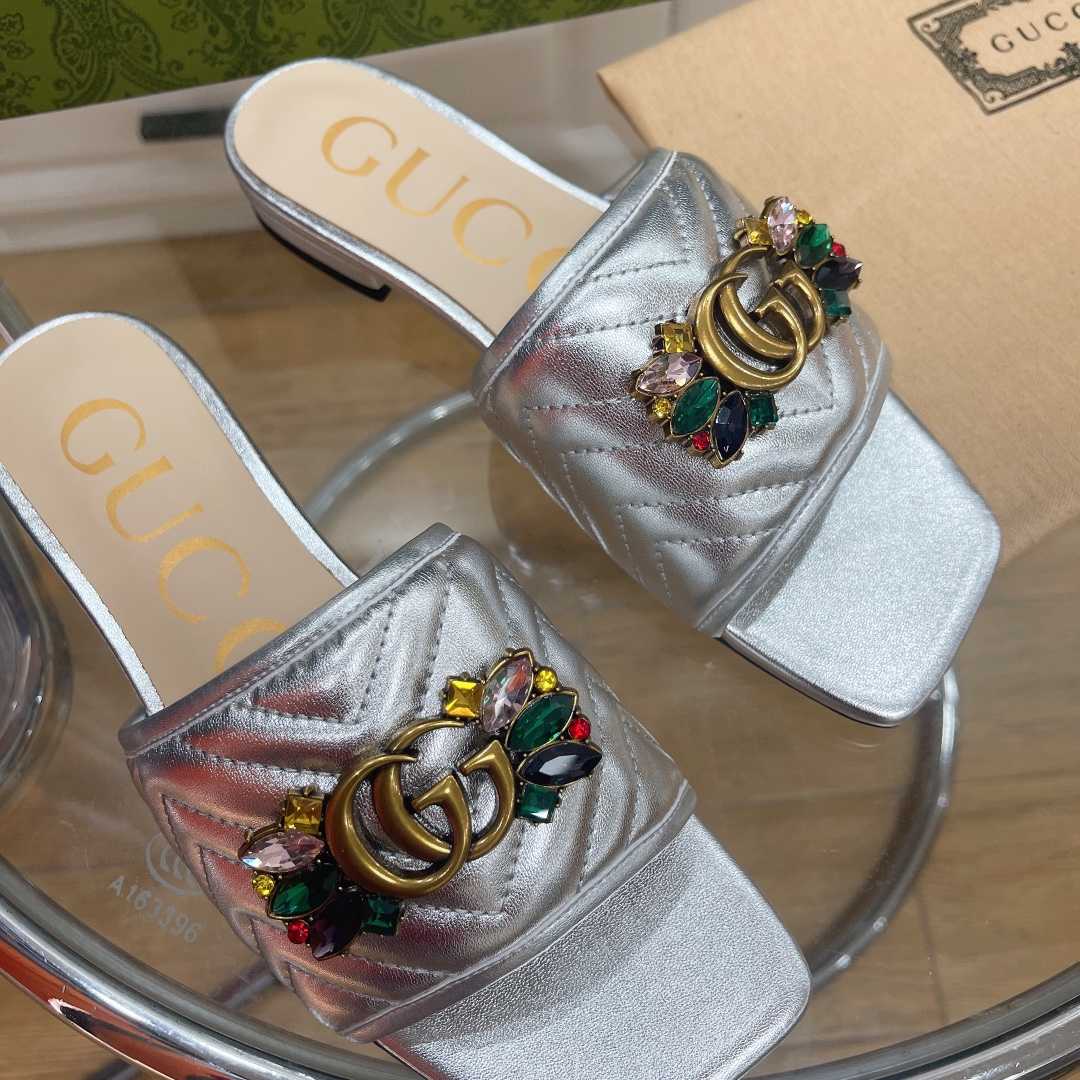 Gucci Women's Crystal Embellished Leather Slide Sandals - FashionPlug