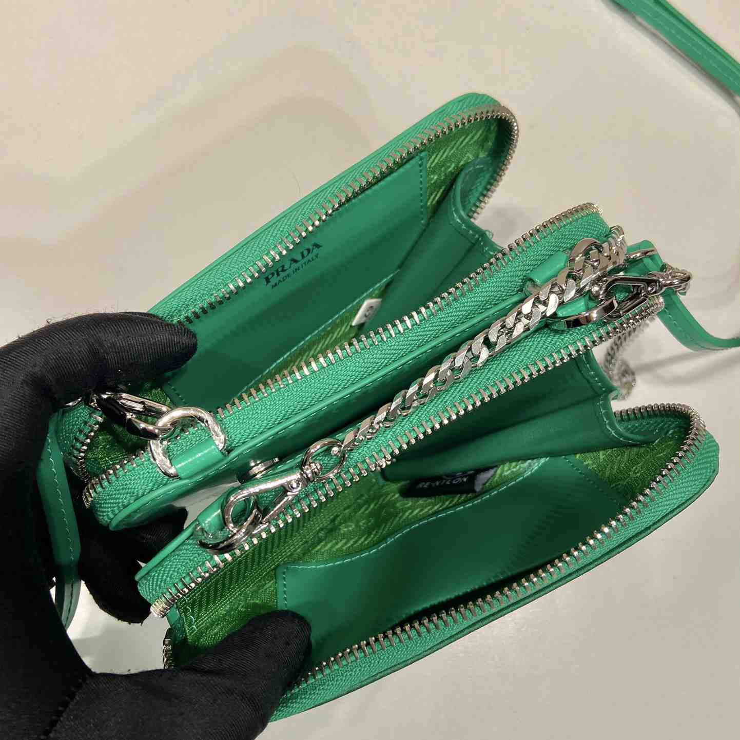 Prada Embellished Satin And Leather Mini-Pouch - FashionPlug