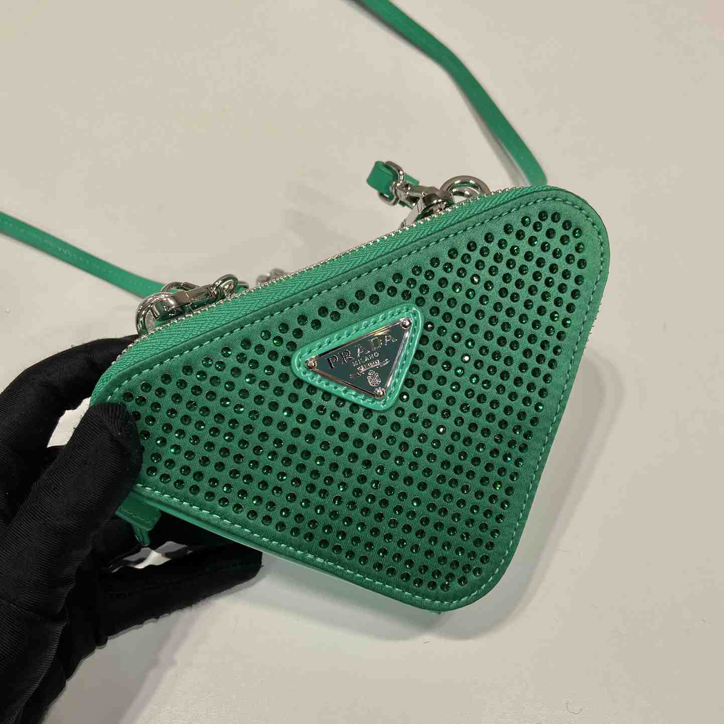 Prada Embellished Satin And Leather Mini-Pouch - FashionPlug