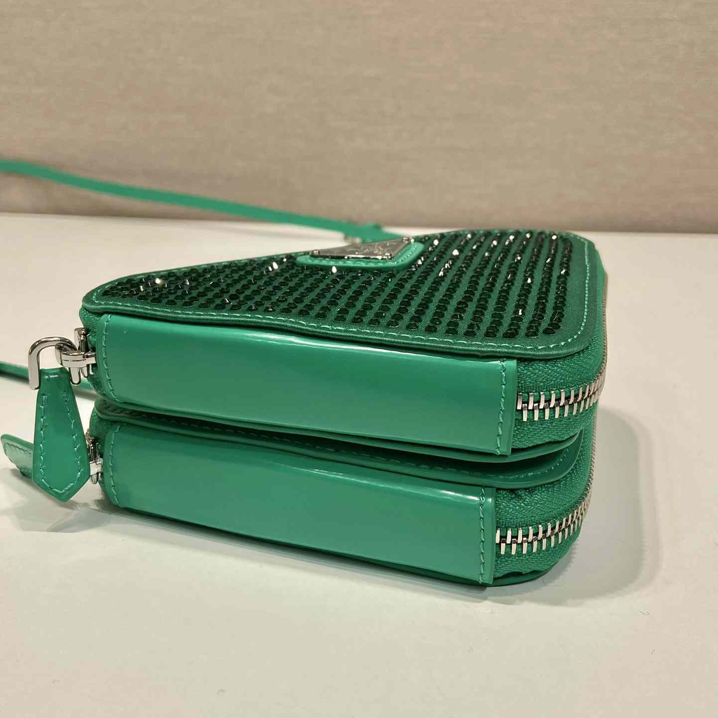 Prada Embellished Satin And Leather Mini-Pouch - FashionPlug