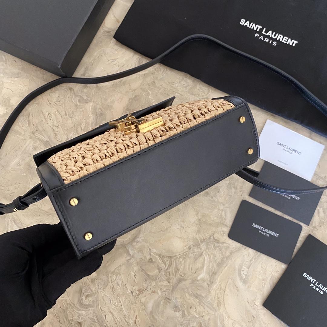 Saint Laurent Cassandra Mini Top Handle Bag In Raffia And Vegetable-Tanned Leather - FashionPlug