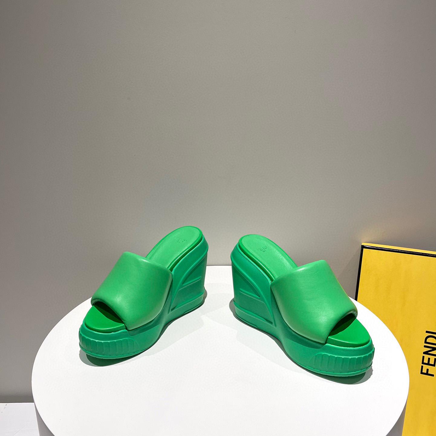 Fendi Fashion Show Green Nappa Leather Slides - FashionPlug