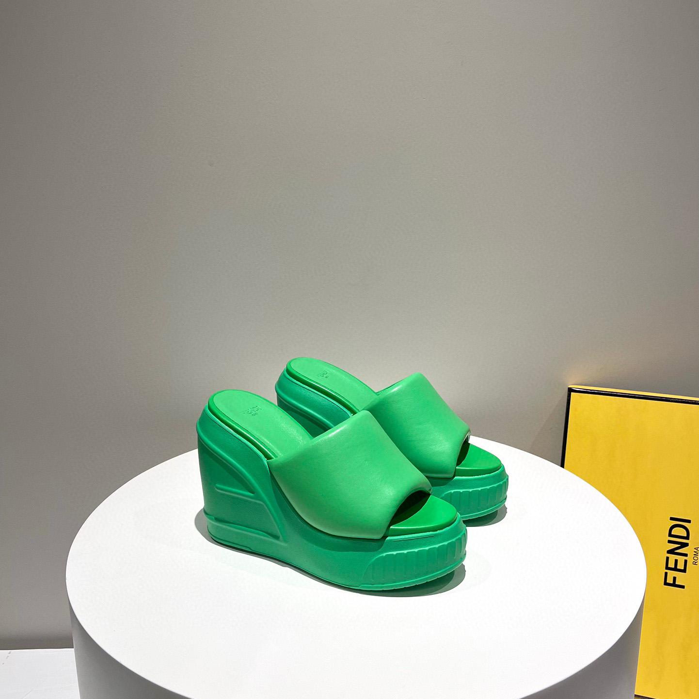 Fendi Fashion Show Green Nappa Leather Slides - FashionPlug