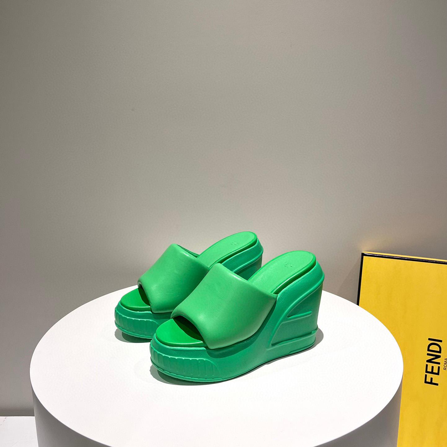 Fendi Fashion Show Green Nappa Leather Slides - FashionPlug