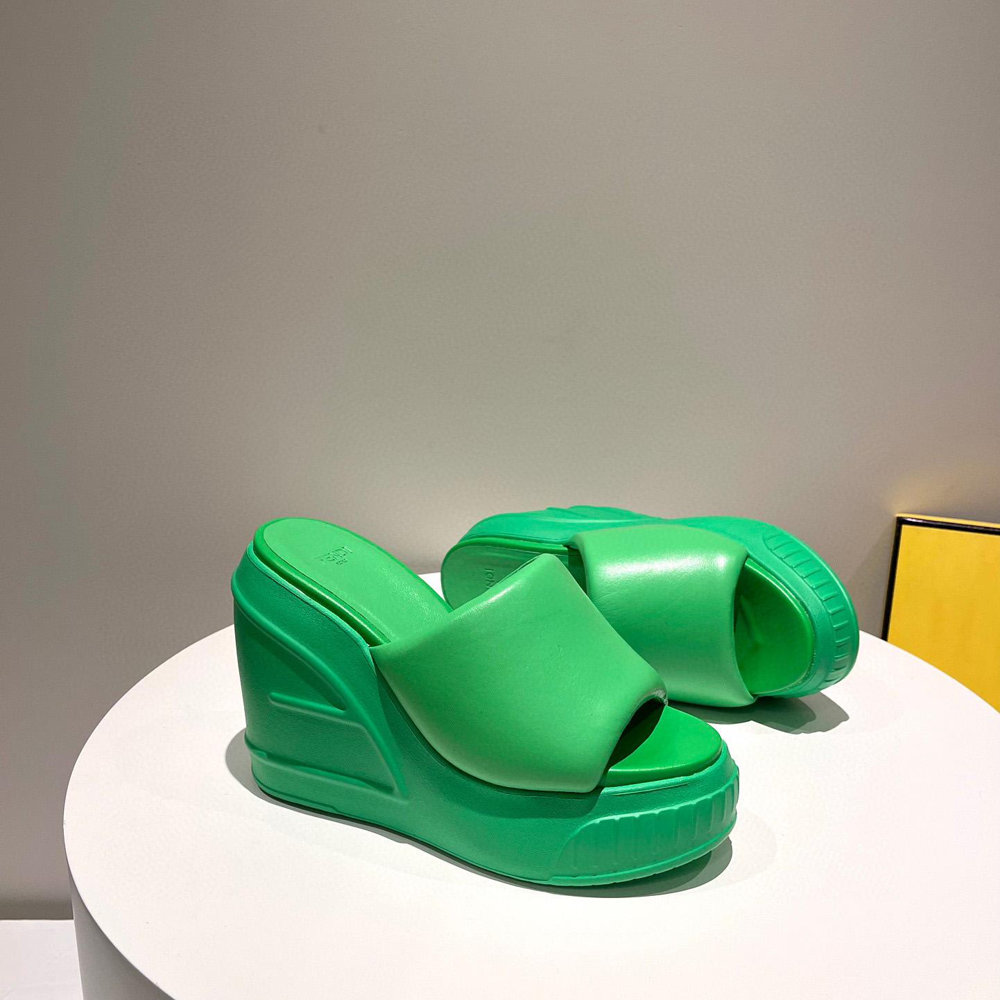 Fendi Fashion Show Green Nappa Leather Slides - FashionPlug