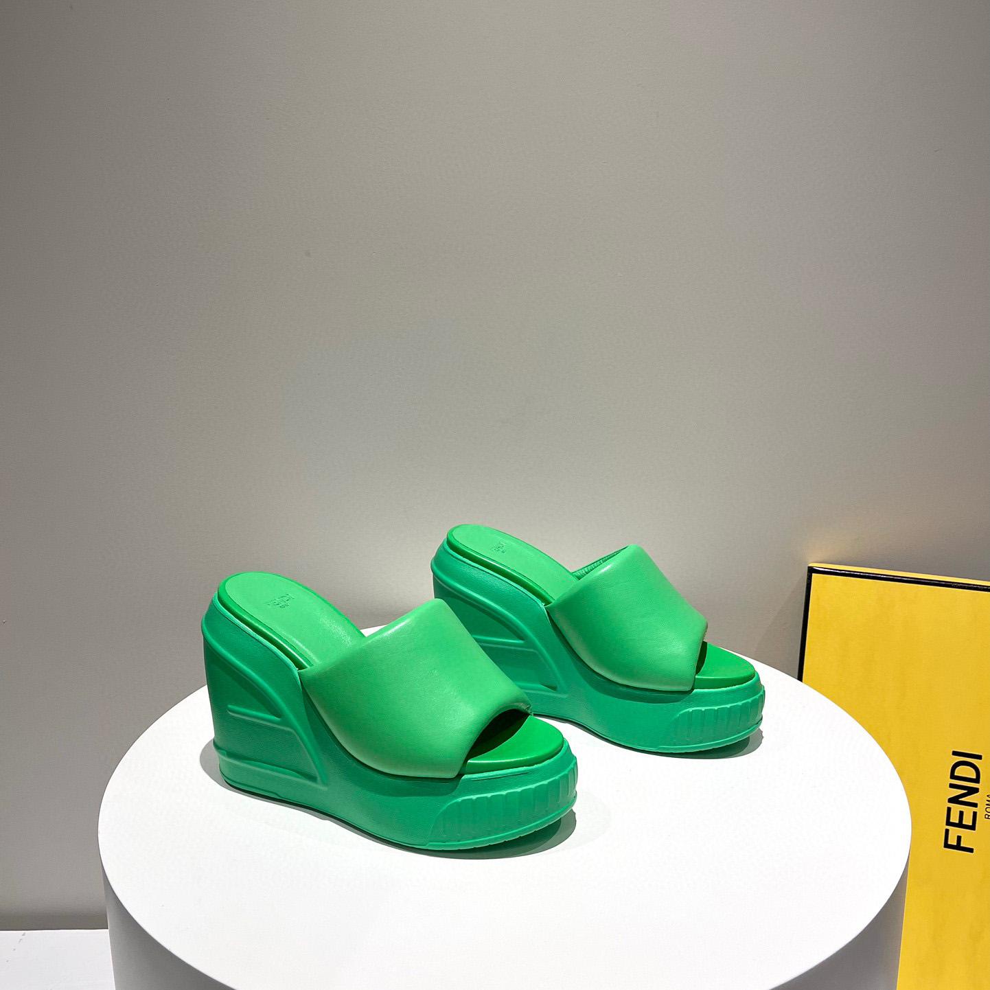 Fendi Fashion Show Green Nappa Leather Slides - FashionPlug