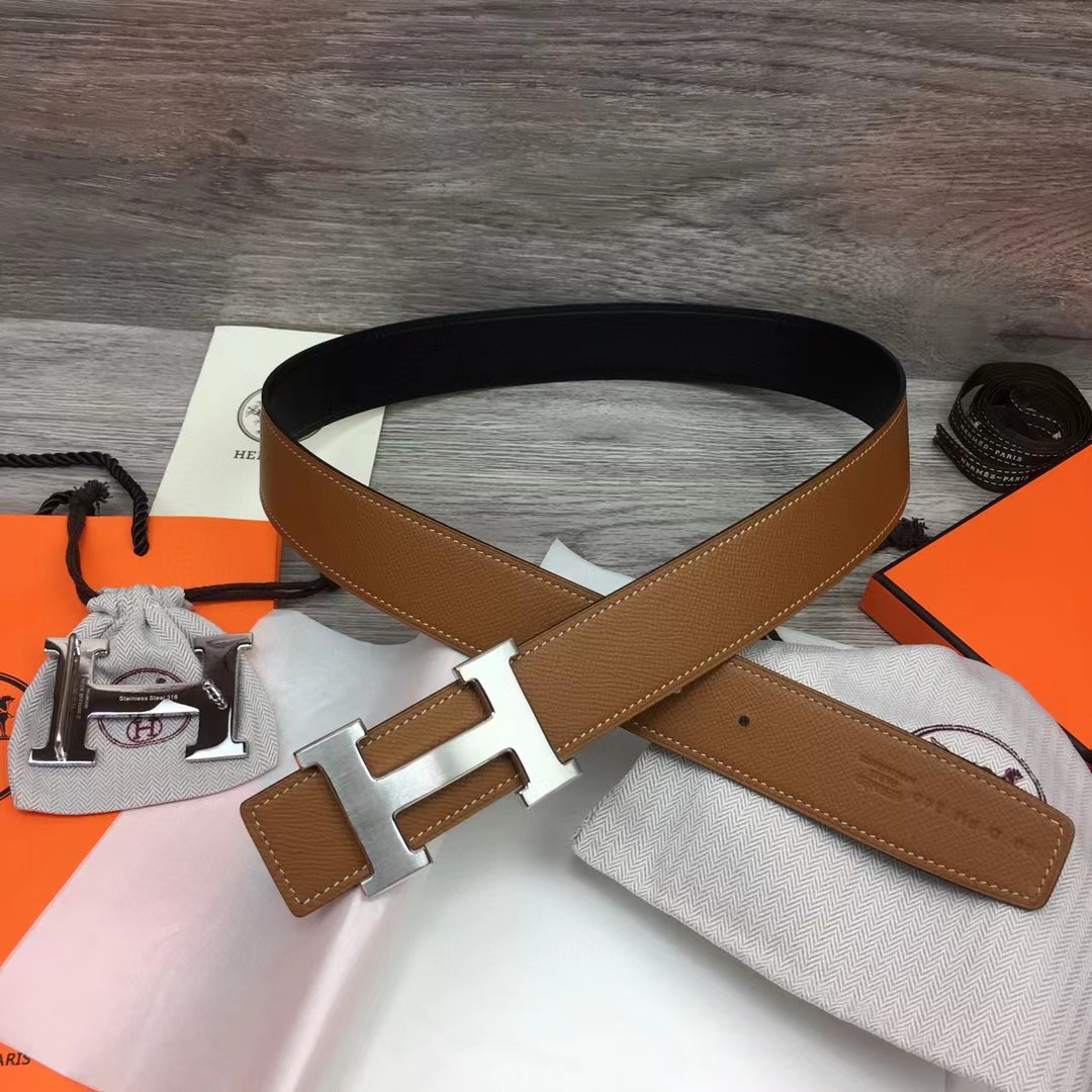 Hermes Brown Leather H Buckle Belt - FashionPlug