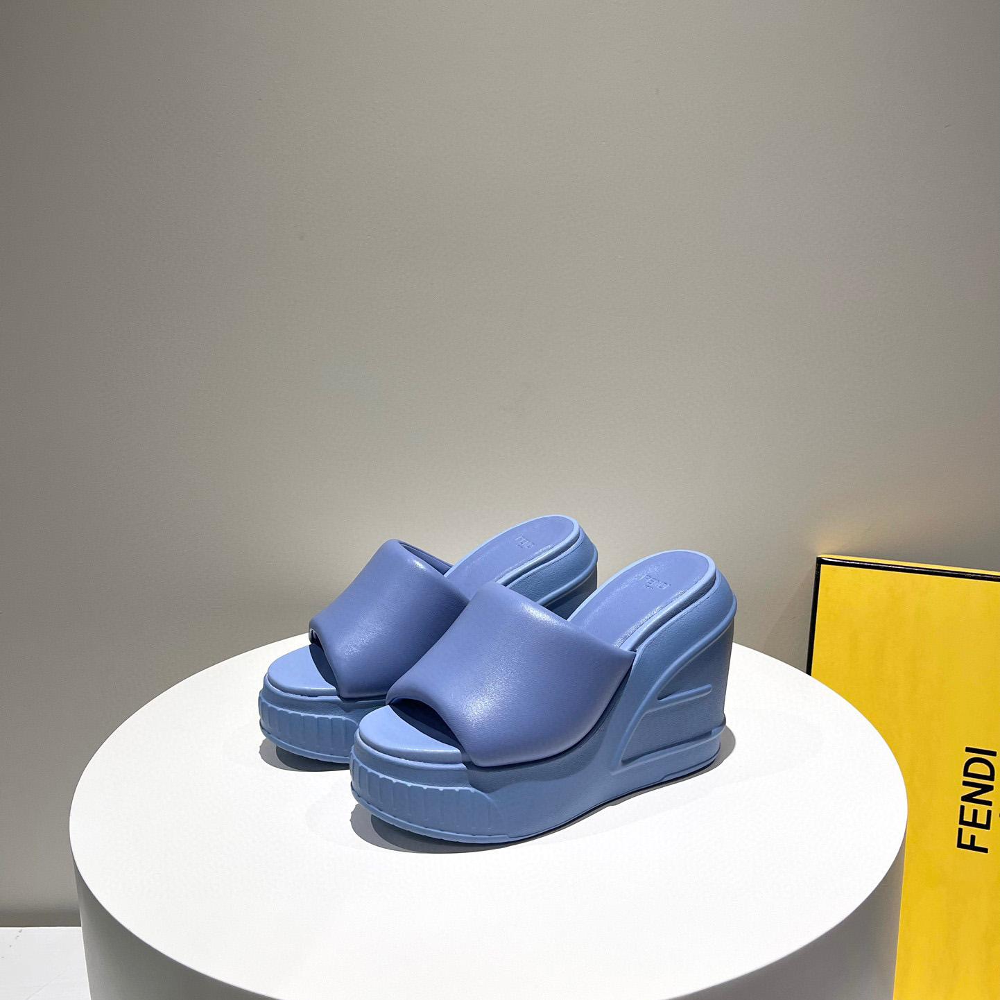 Fendi Fashion Show Blue Nappa Leather Slides - FashionPlug