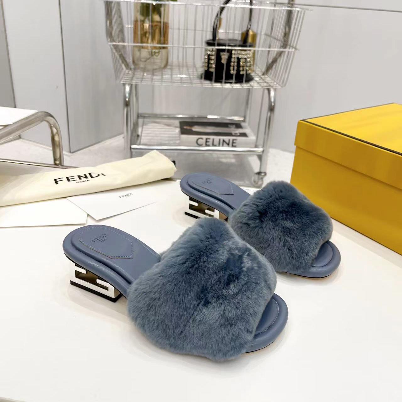 Fendi Baguette Blue Mink Slides - FashionPlug