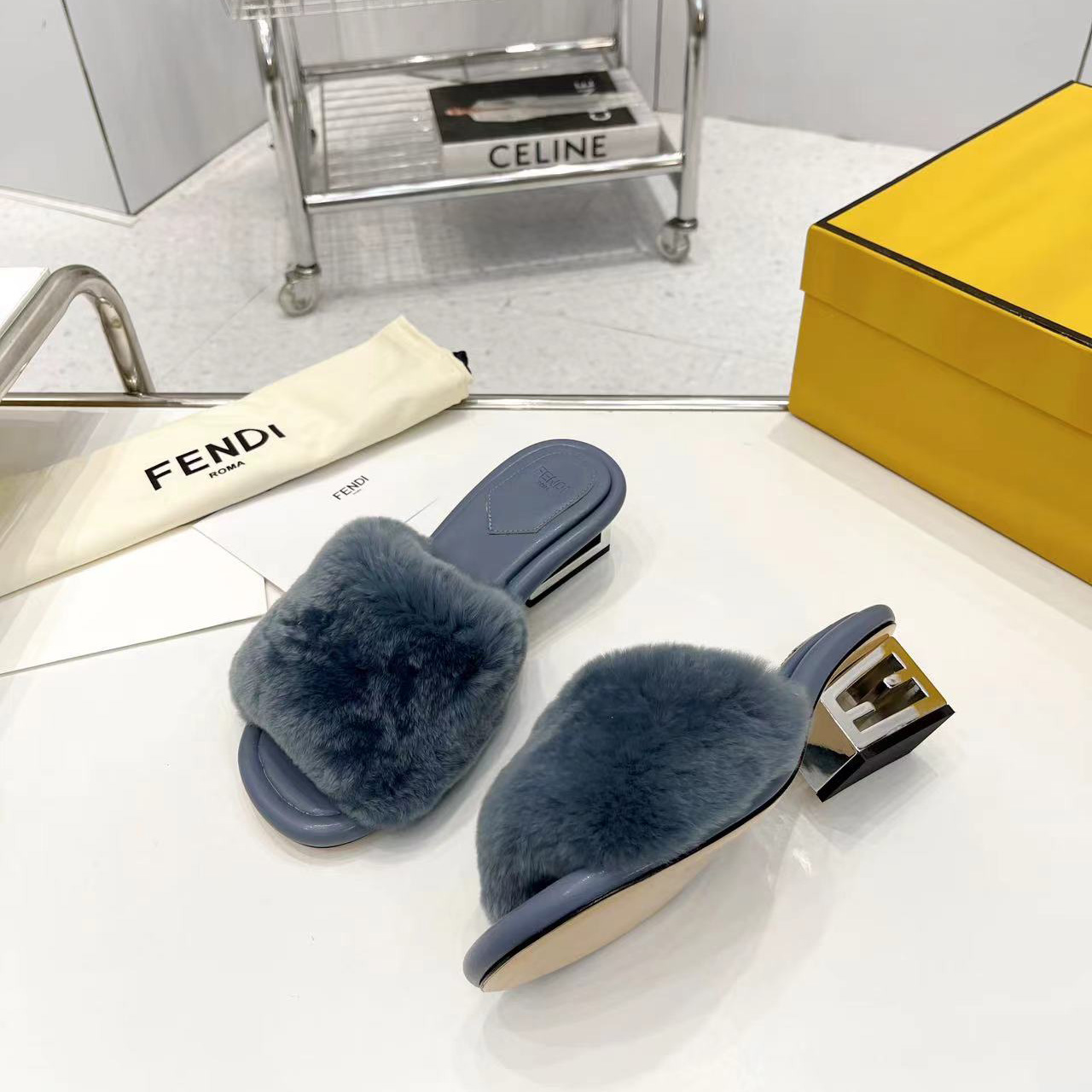 Fendi Baguette Blue Mink Slides - FashionPlug