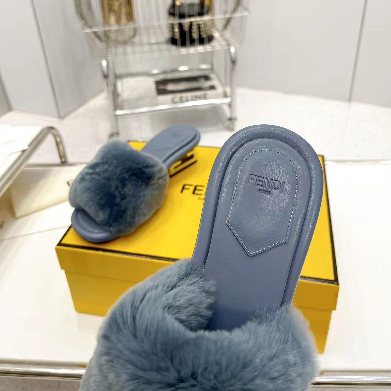 Fendi Baguette Blue Mink Slides - FashionPlug
