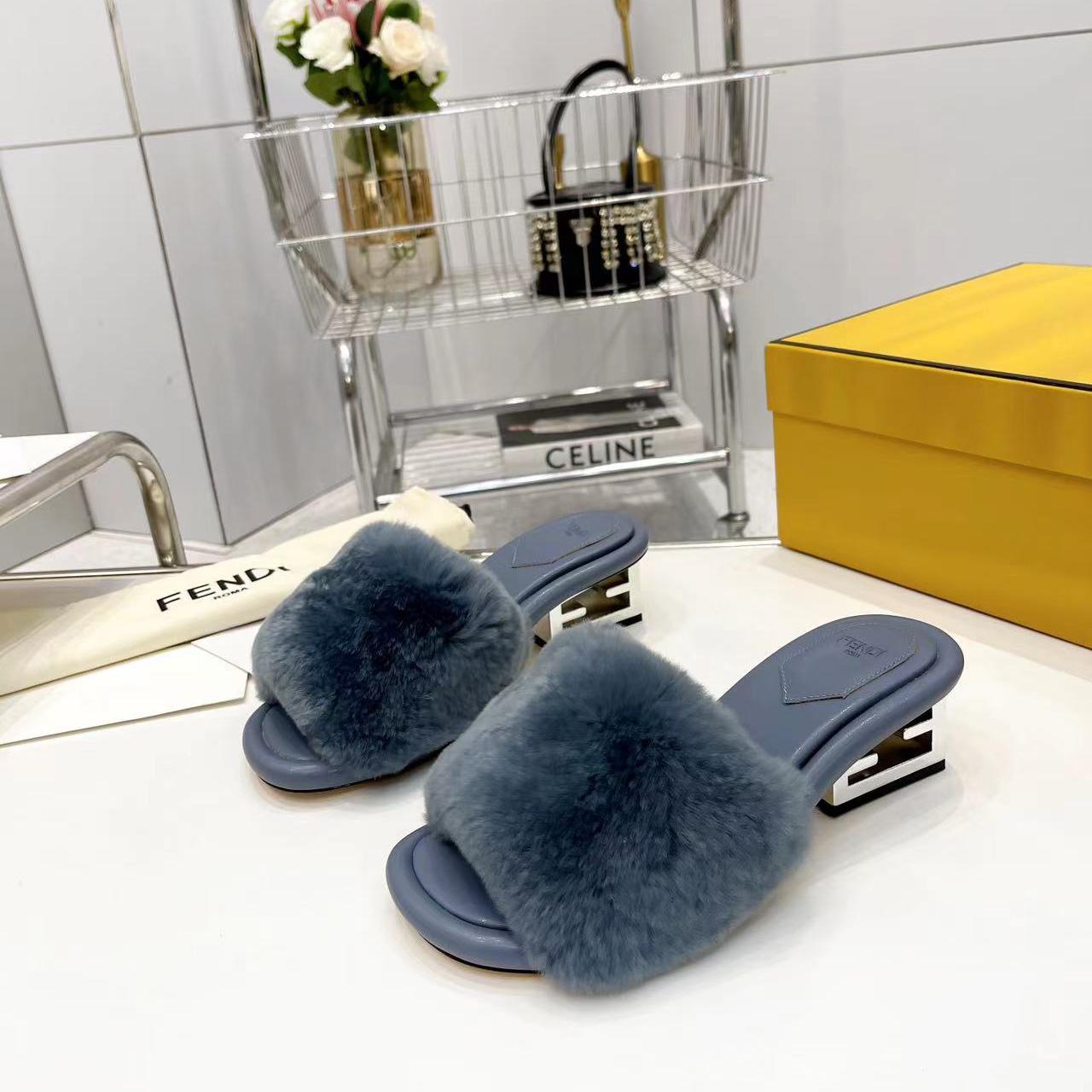 Fendi Baguette Blue Mink Slides - FashionPlug