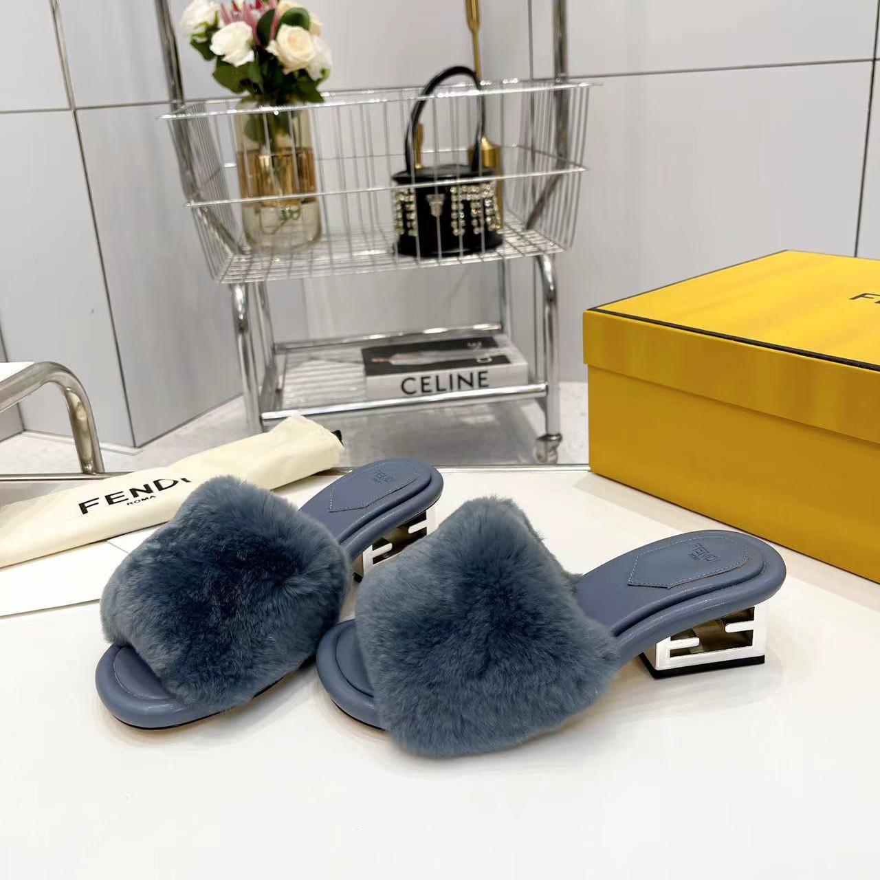 Fendi Baguette Blue Mink Slides - FashionPlug