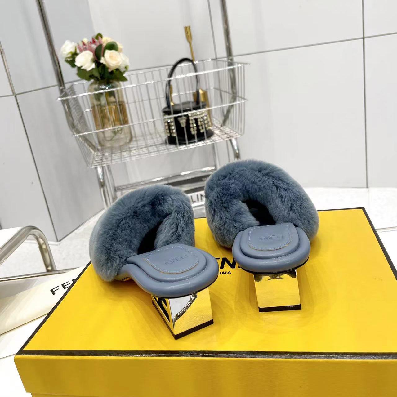 Fendi Baguette Blue Mink Slides - FashionPlug