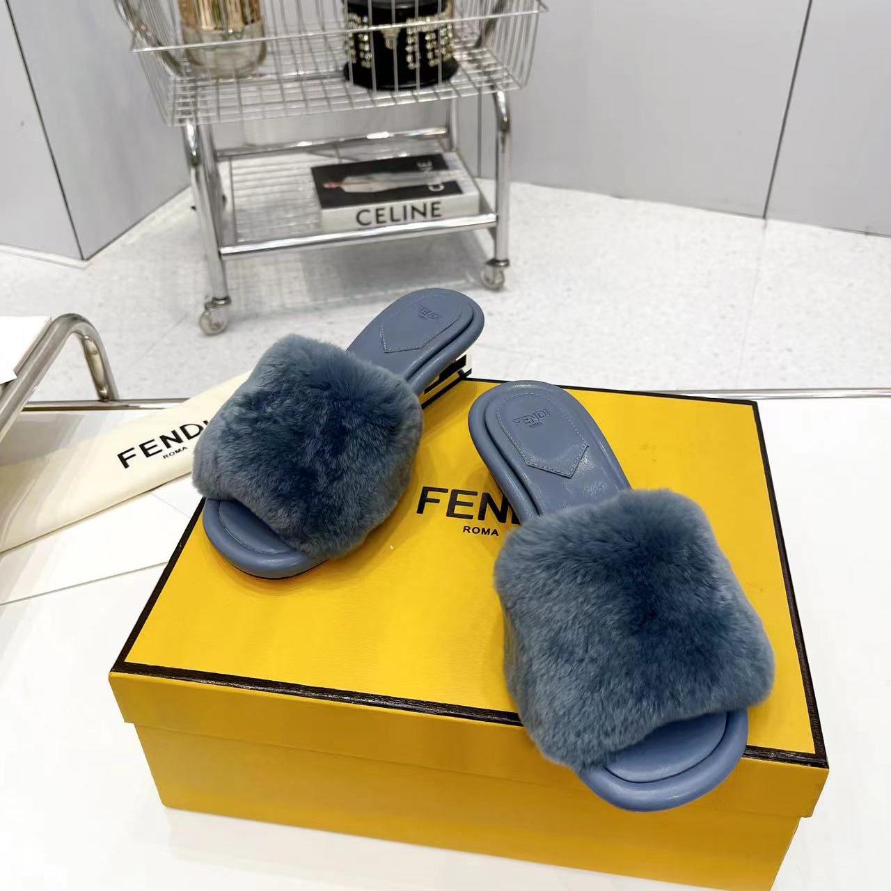 Fendi Baguette Blue Mink Slides - FashionPlug