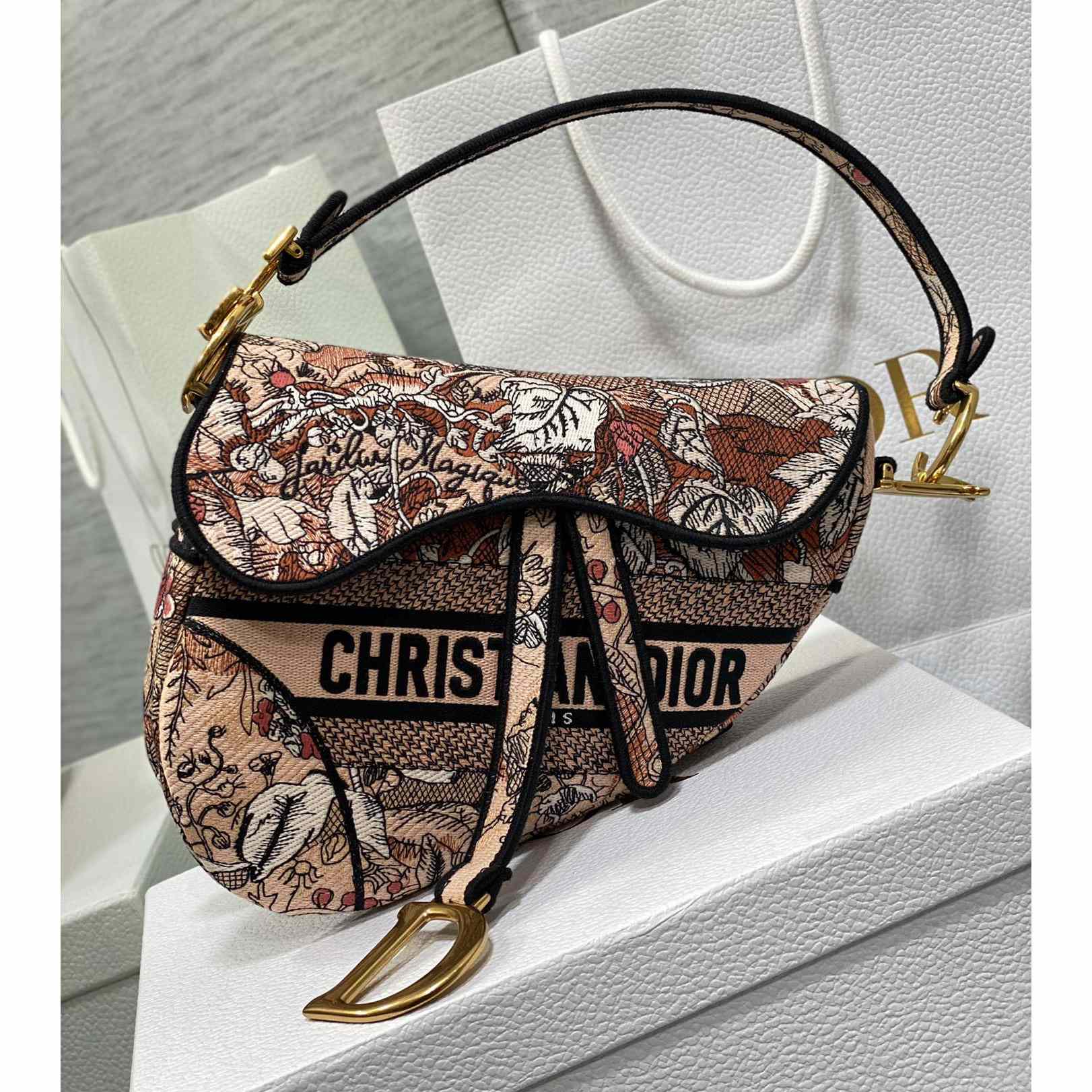 Dior Saddle Bag Metallic Pink Brocart Embroidery - FashionPlug