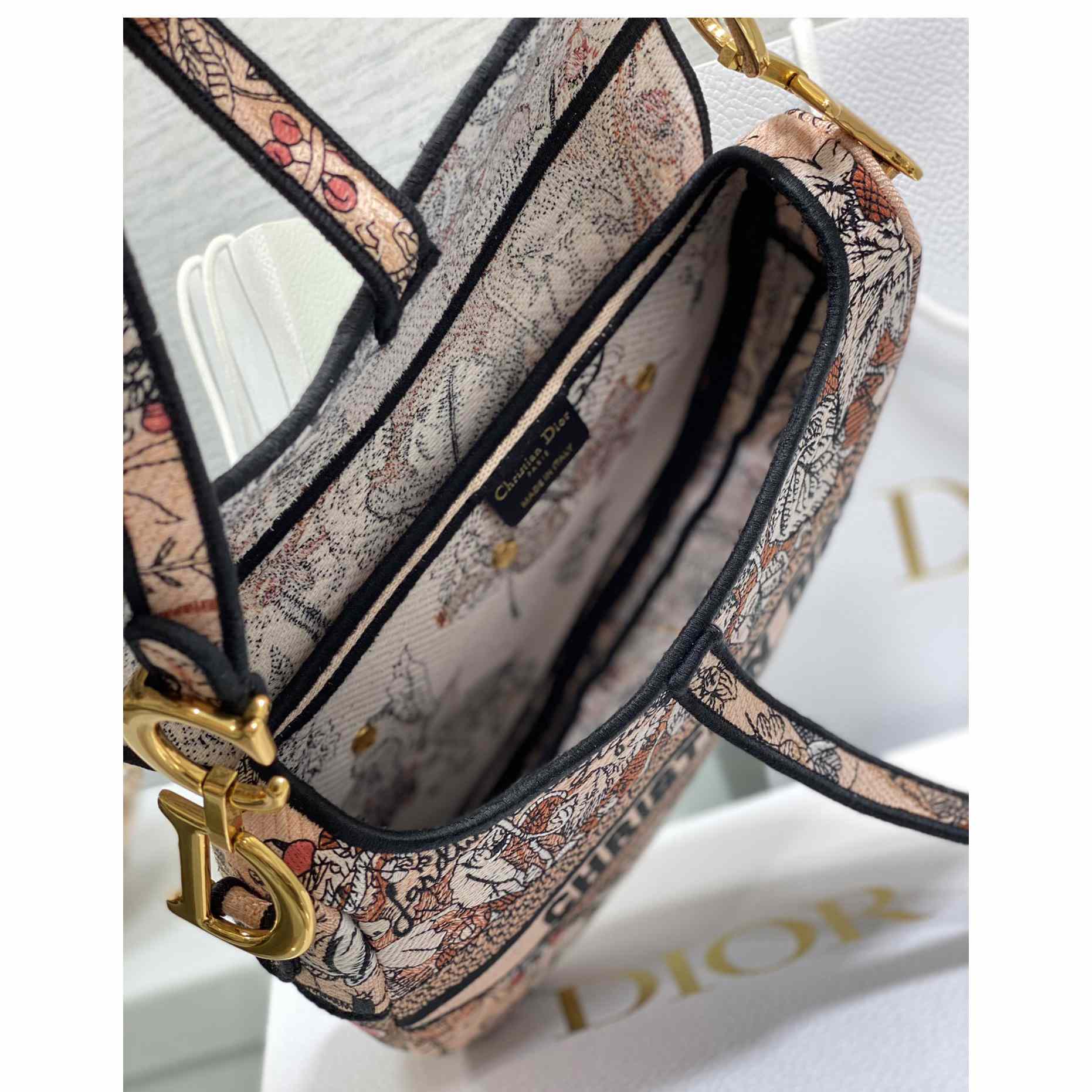 Dior Saddle Bag Metallic Pink Brocart Embroidery - FashionPlug