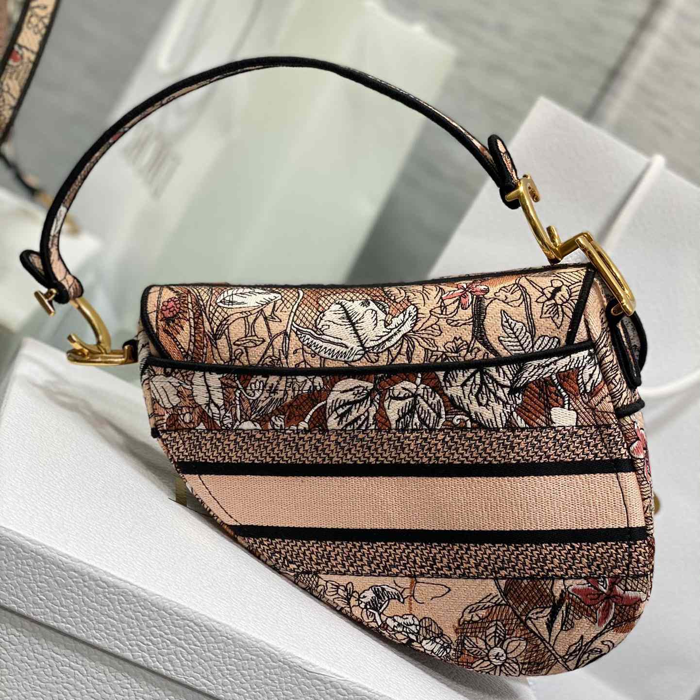 Dior Saddle Bag Metallic Pink Brocart Embroidery - FashionPlug