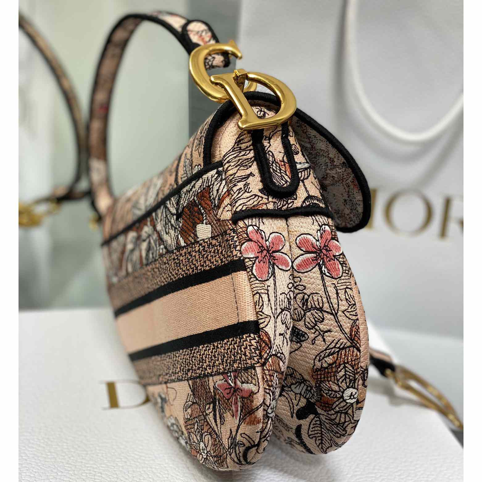 Dior Saddle Bag Metallic Pink Brocart Embroidery - FashionPlug
