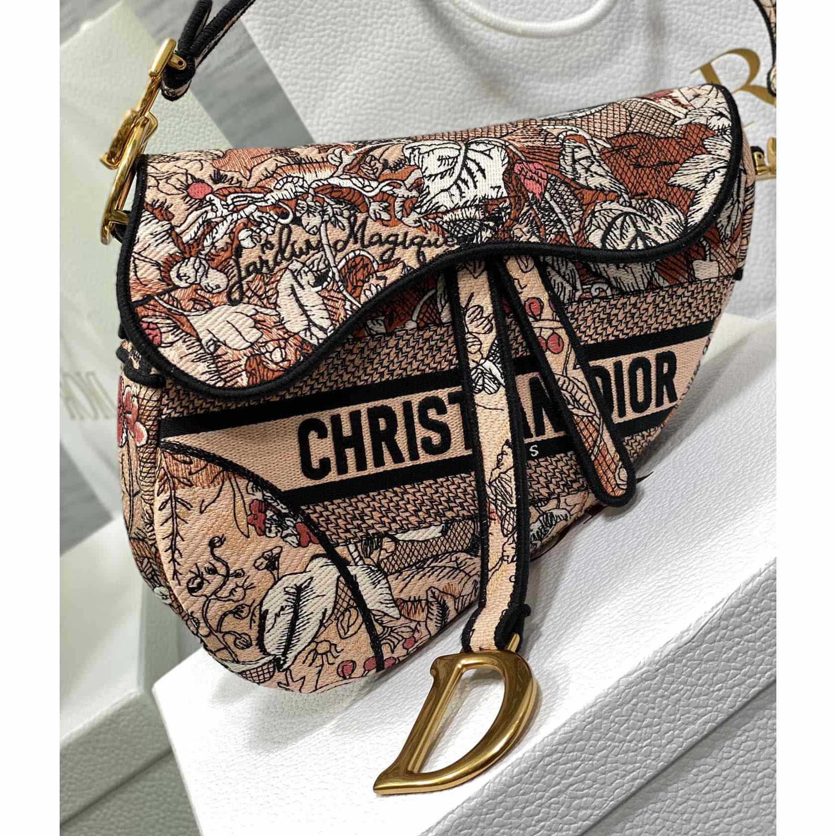 Dior Saddle Bag Metallic Pink Brocart Embroidery - FashionPlug