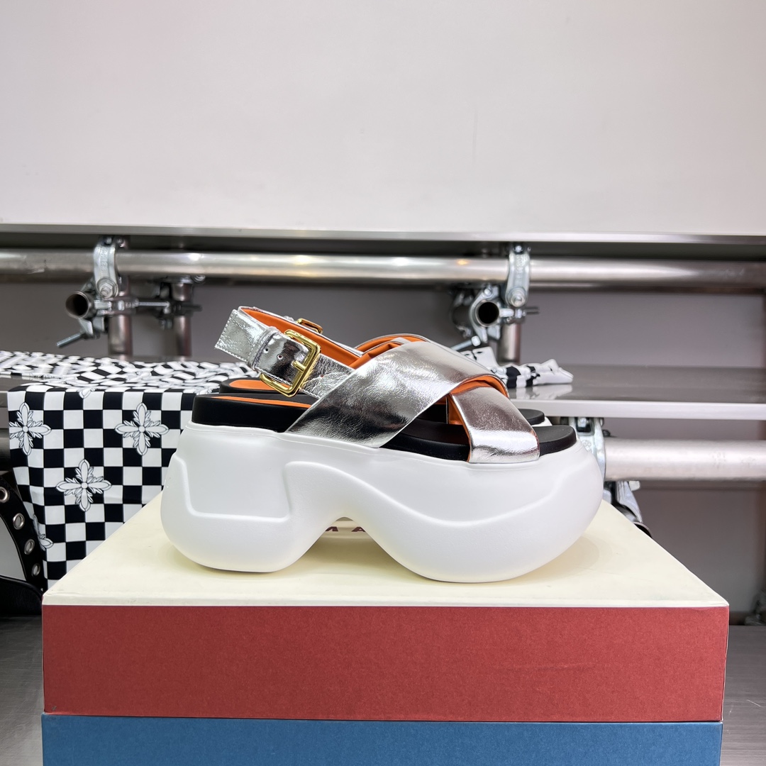 Marni Silver Mirrored Leather Criss-cross Aras 23 Sandal - FashionPlug