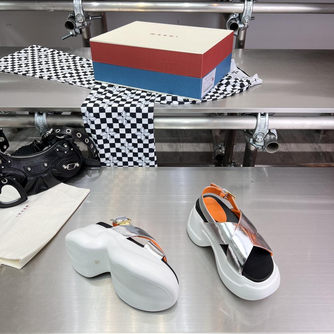 Marni Silver Mirrored Leather Criss-cross Aras 23 Sandal - FashionPlug