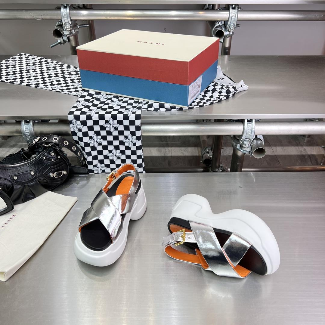 Marni Silver Mirrored Leather Criss-cross Aras 23 Sandal - FashionPlug