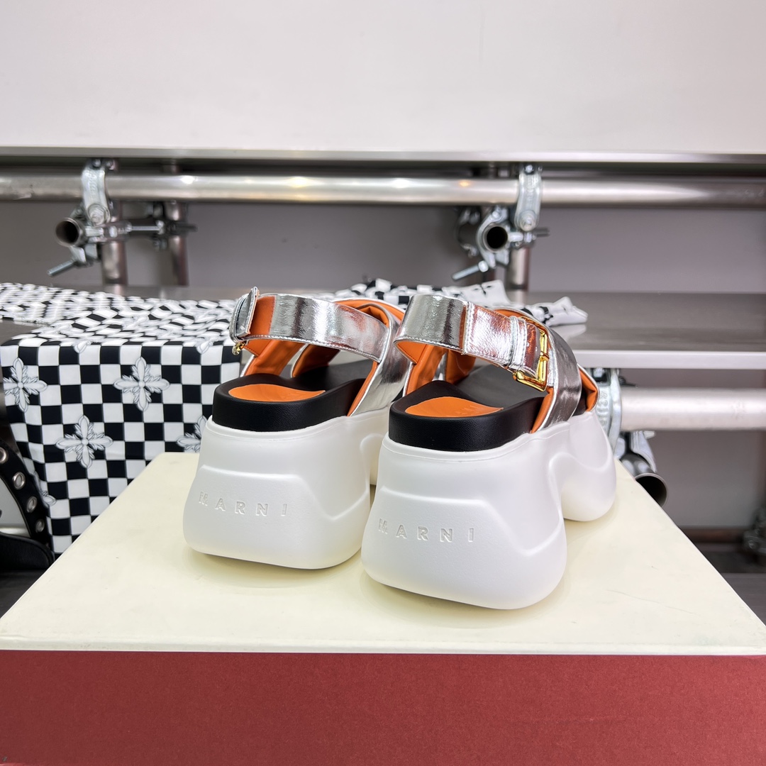 Marni Silver Mirrored Leather Criss-cross Aras 23 Sandal - FashionPlug