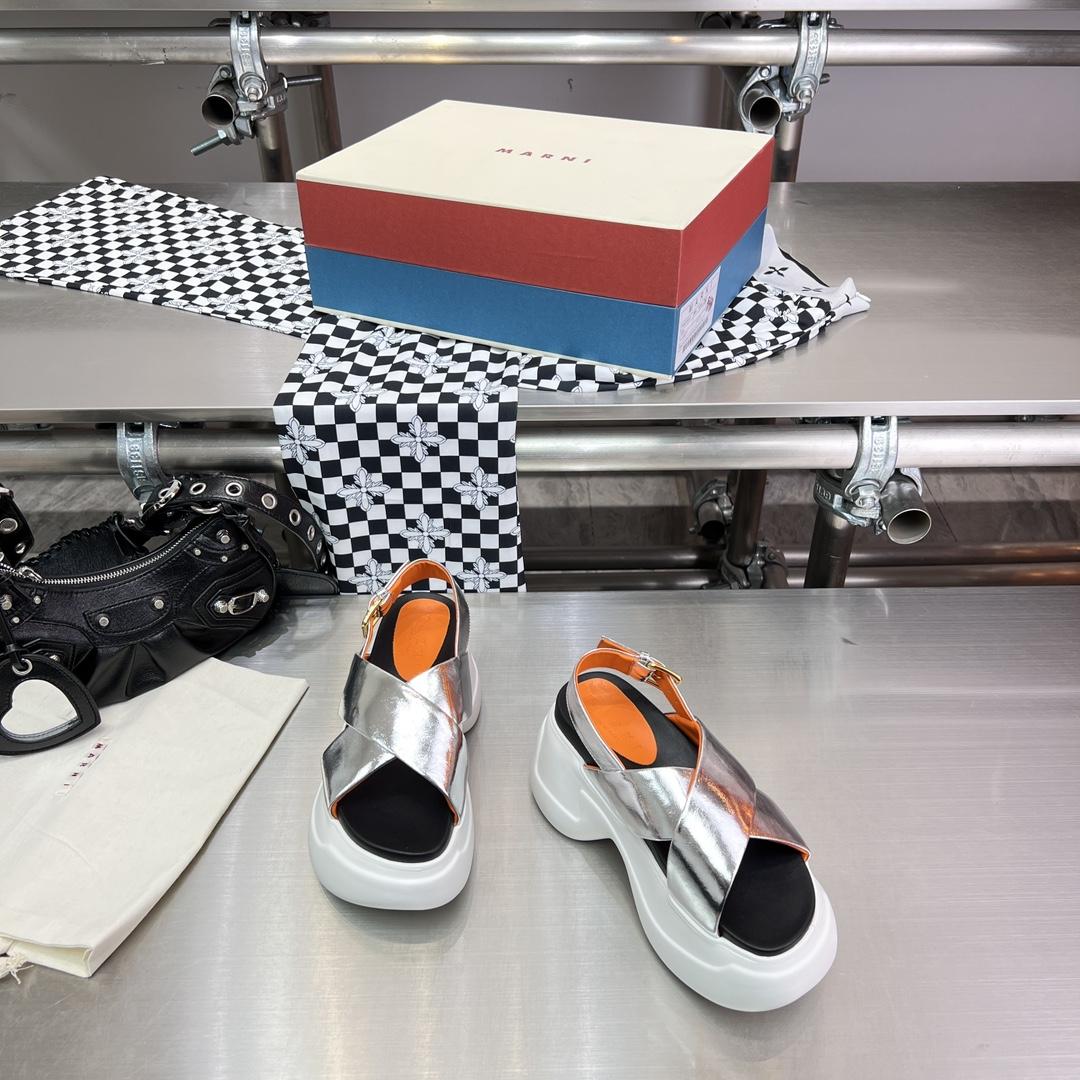 Marni Silver Mirrored Leather Criss-cross Aras 23 Sandal - FashionPlug