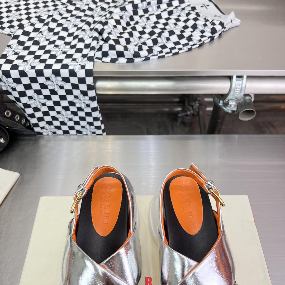 Marni Silver Mirrored Leather Criss-cross Aras 23 Sandal - FashionPlug
