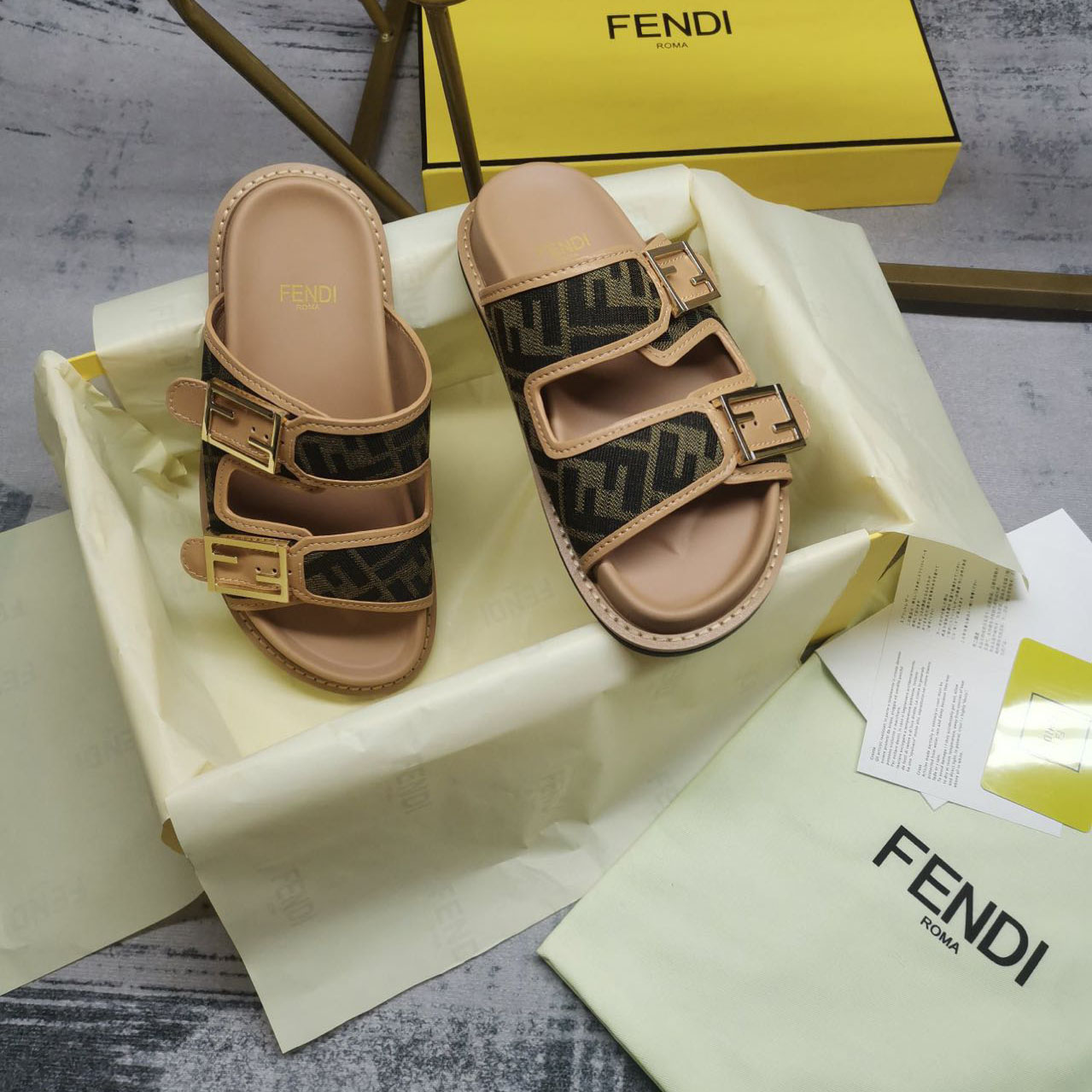 Fendi Feel Brown FF Fabric Slides - FashionPlug