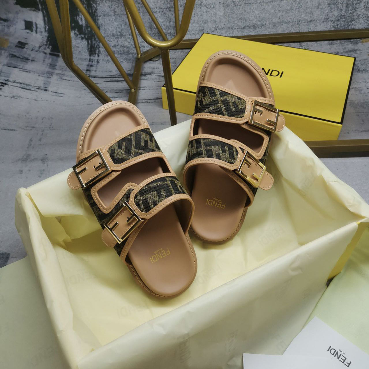 Fendi Feel Brown FF Fabric Slides - FashionPlug