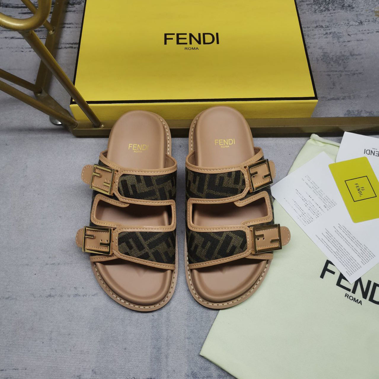 Fendi Feel Brown FF Fabric Slides - FashionPlug
