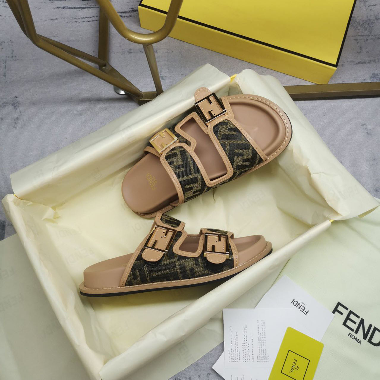 Fendi Feel Brown FF Fabric Slides - FashionPlug