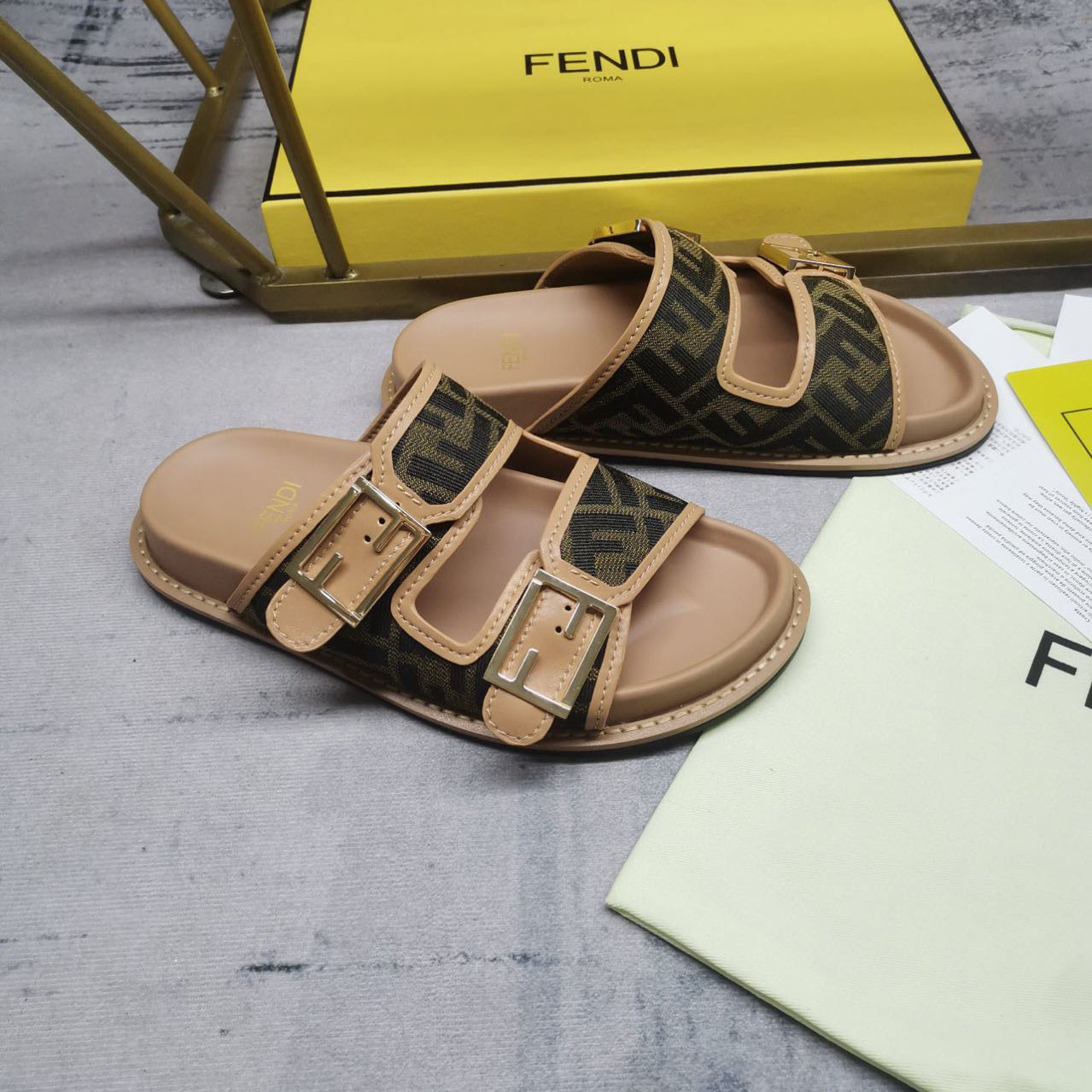 Fendi Feel Brown FF Fabric Slides - FashionPlug