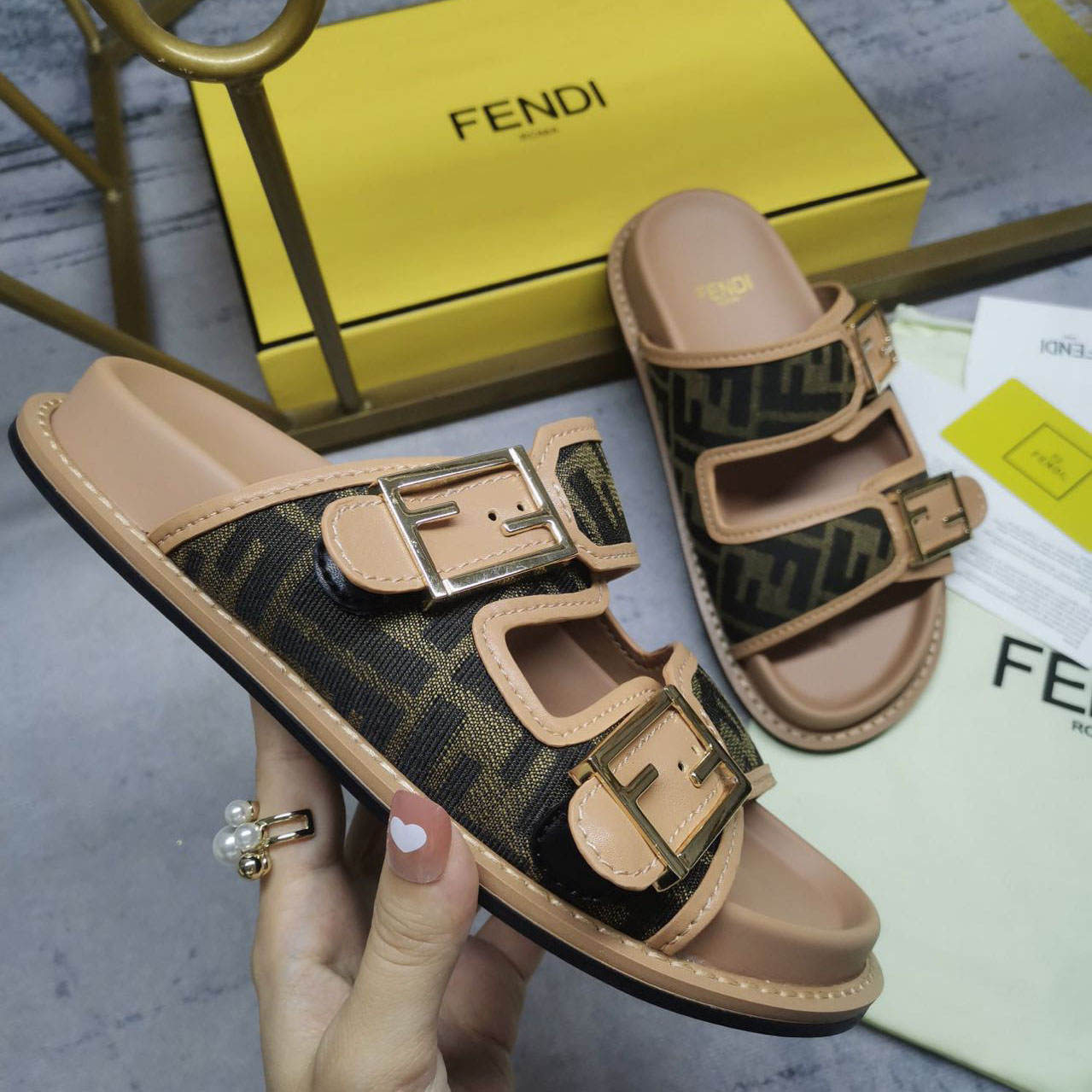 Fendi Feel Brown FF Fabric Slides - FashionPlug