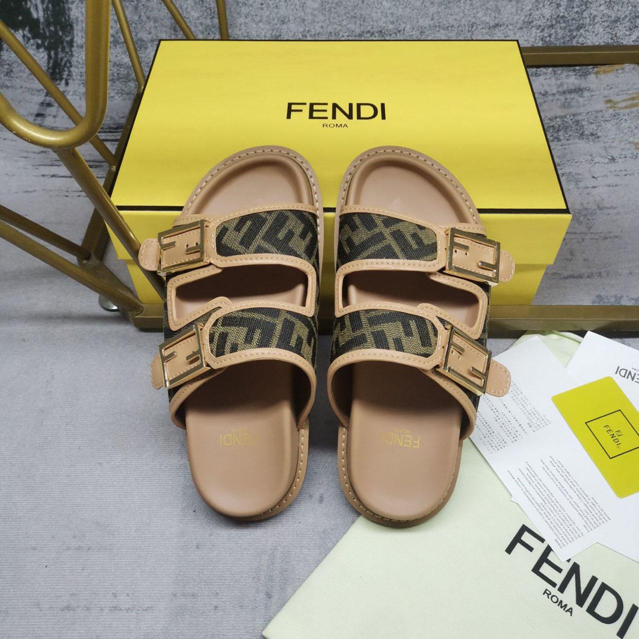 Fendi Feel Brown FF Fabric Slides - FashionPlug