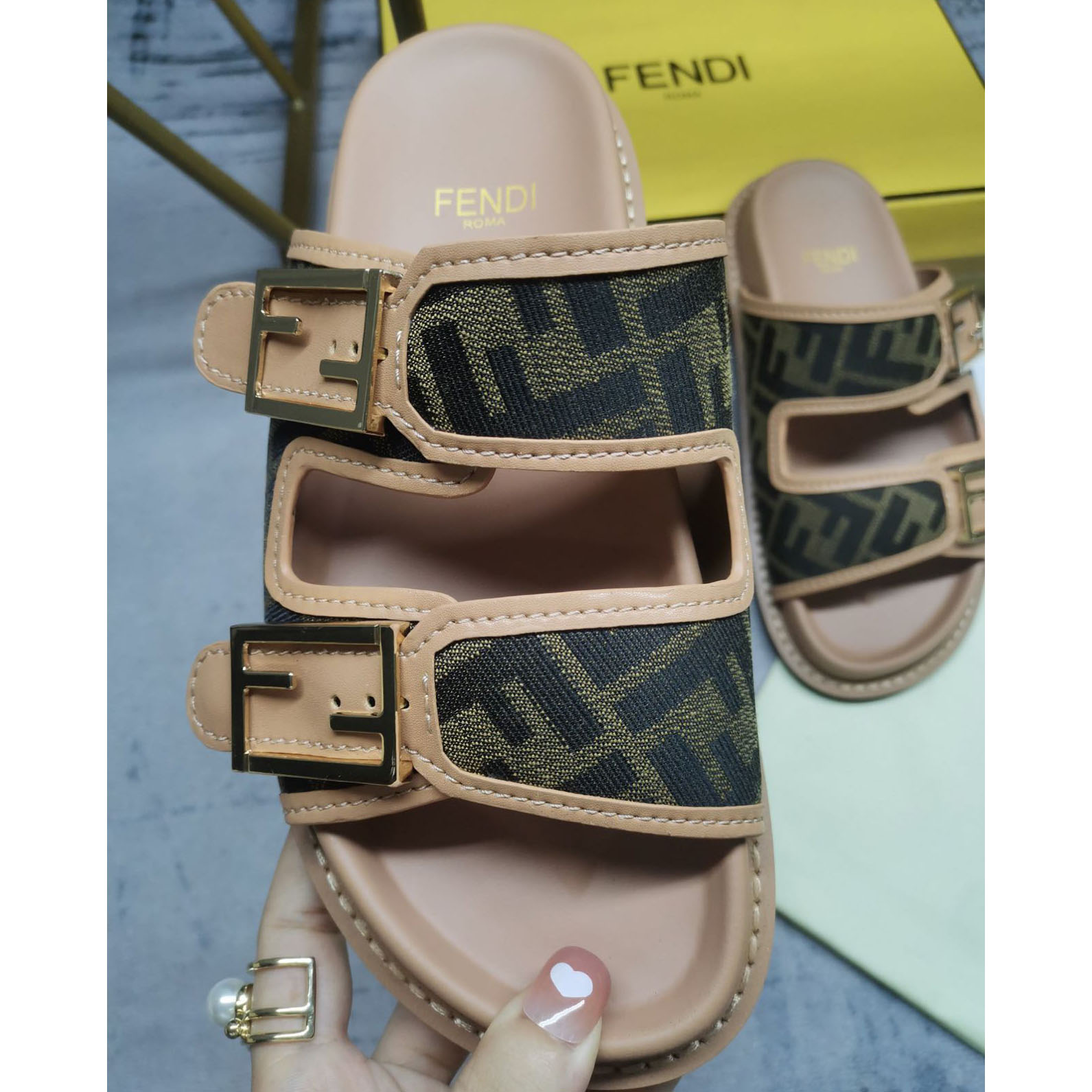 Fendi Feel Brown FF Fabric Slides - FashionPlug