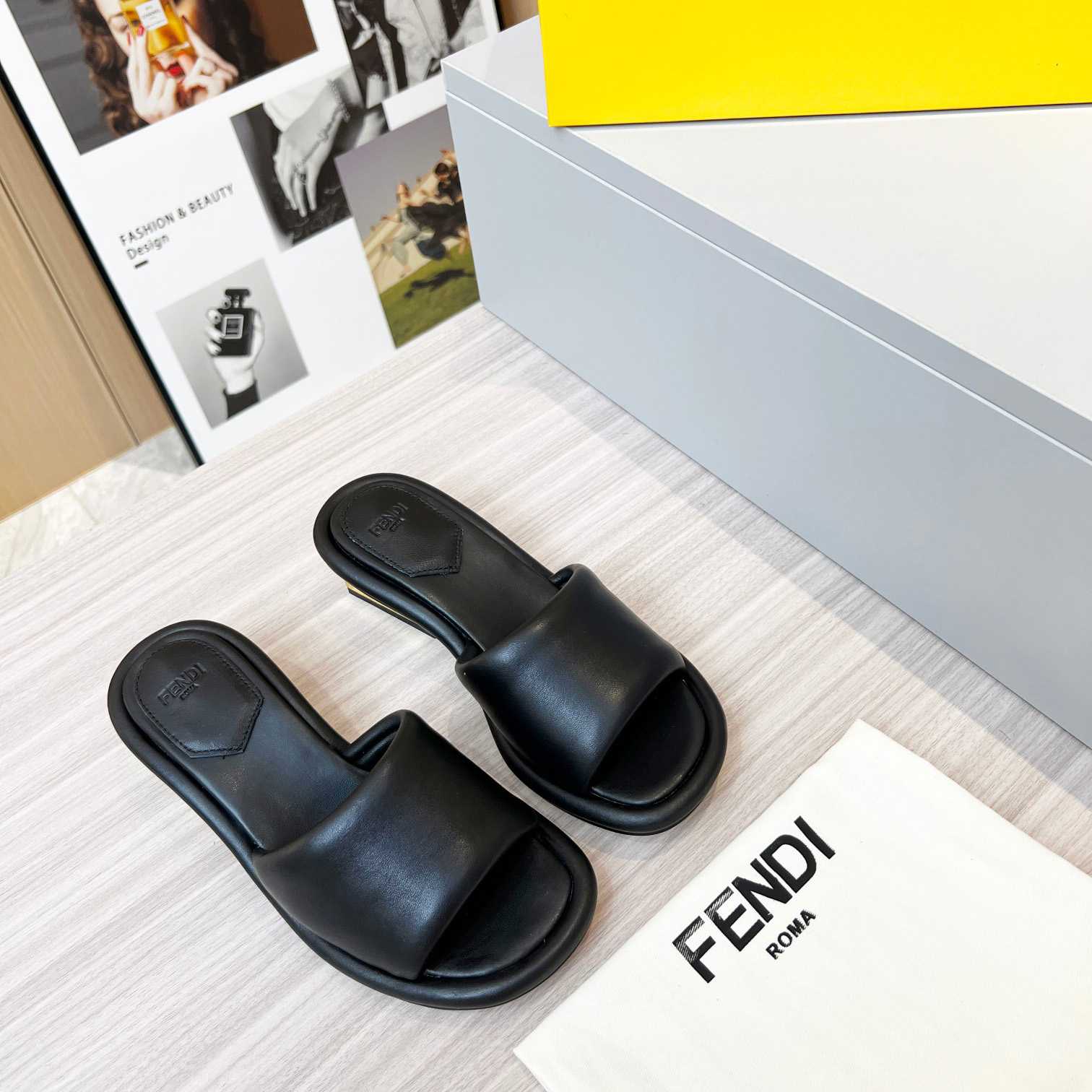 Fendi Baguette Black Nappa Leather Slides - FashionPlug