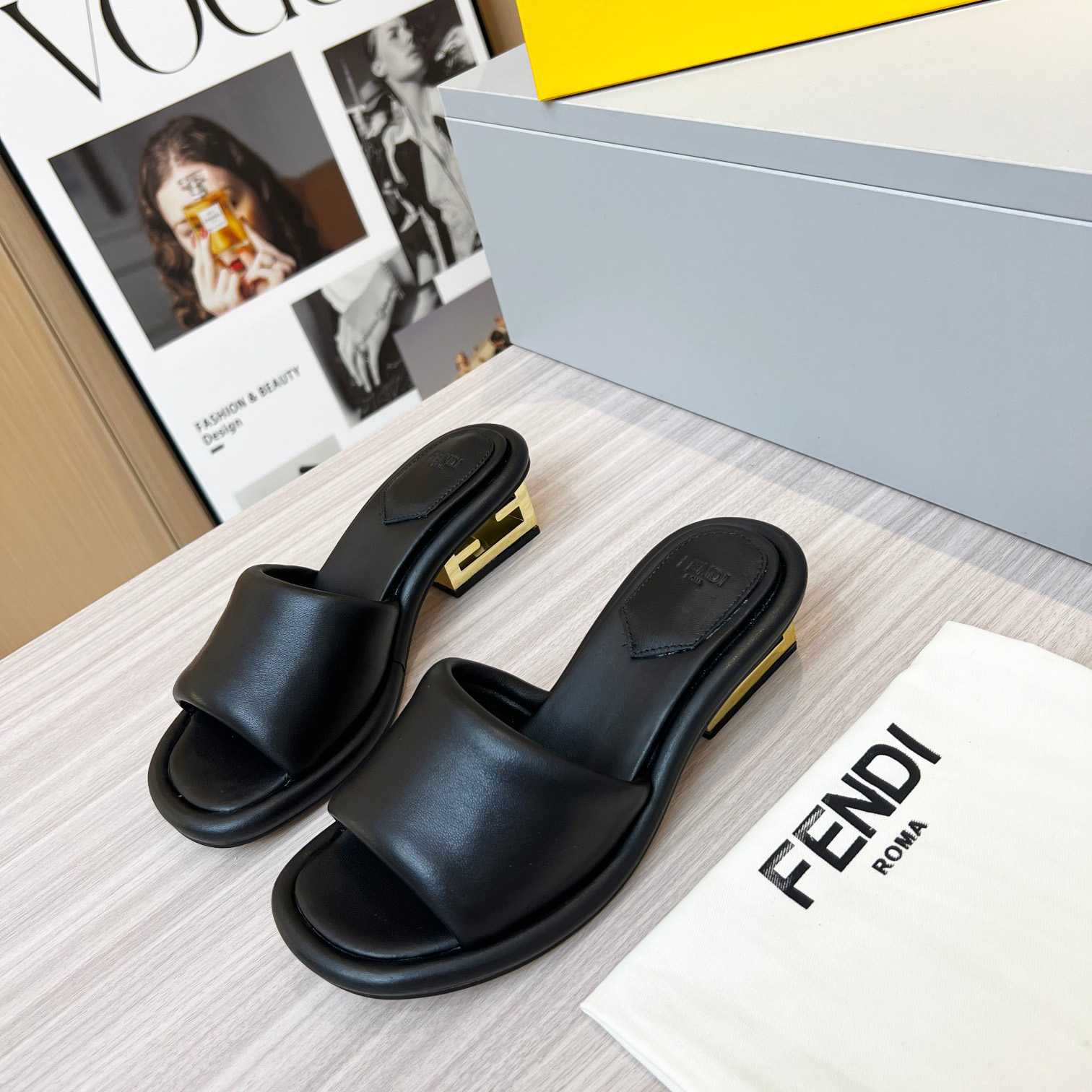 Fendi Baguette Black Nappa Leather Slides - FashionPlug