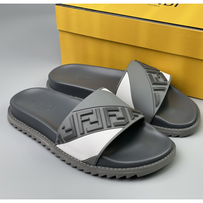 Fendi Gray Rubber Slides - FashionPlug