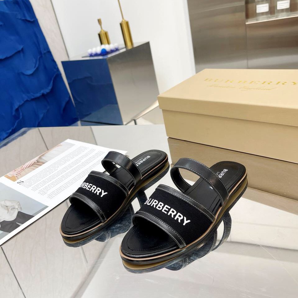Burberry Women's Black Logo-appliquéd Leather And Cotton-canvas Slides - FashionPlug