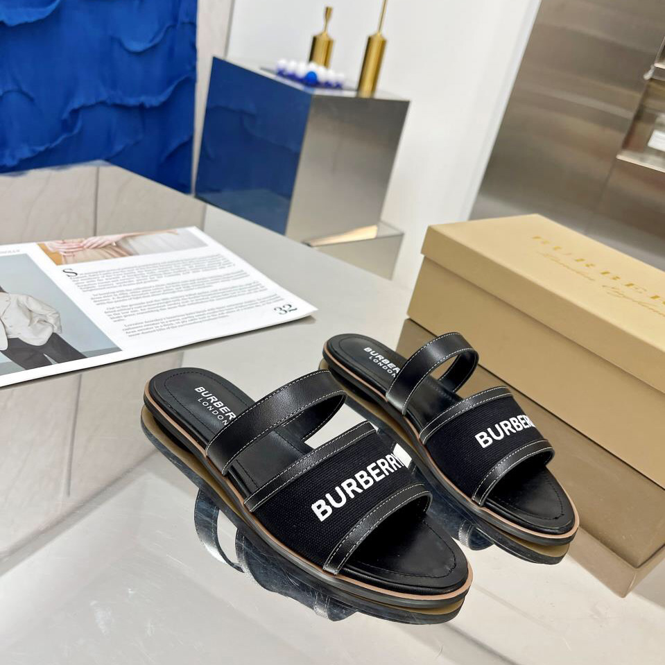 Burberry Women's Black Logo-appliquéd Leather And Cotton-canvas Slides - FashionPlug