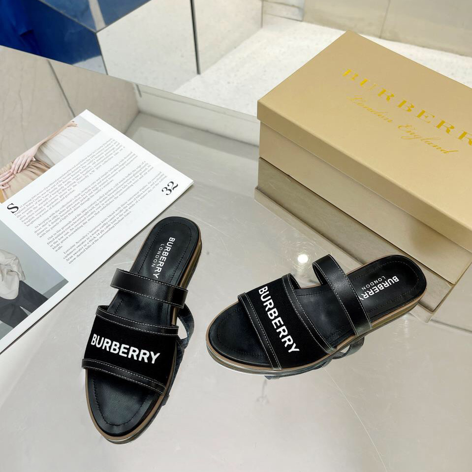 Burberry Women's Black Logo-appliquéd Leather And Cotton-canvas Slides - FashionPlug