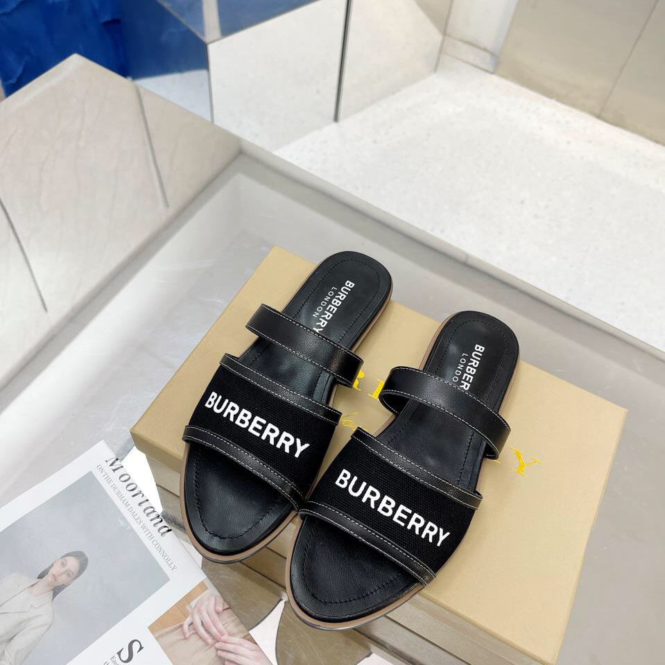 Burberry Women's Black Logo-appliquéd Leather And Cotton-canvas Slides - FashionPlug