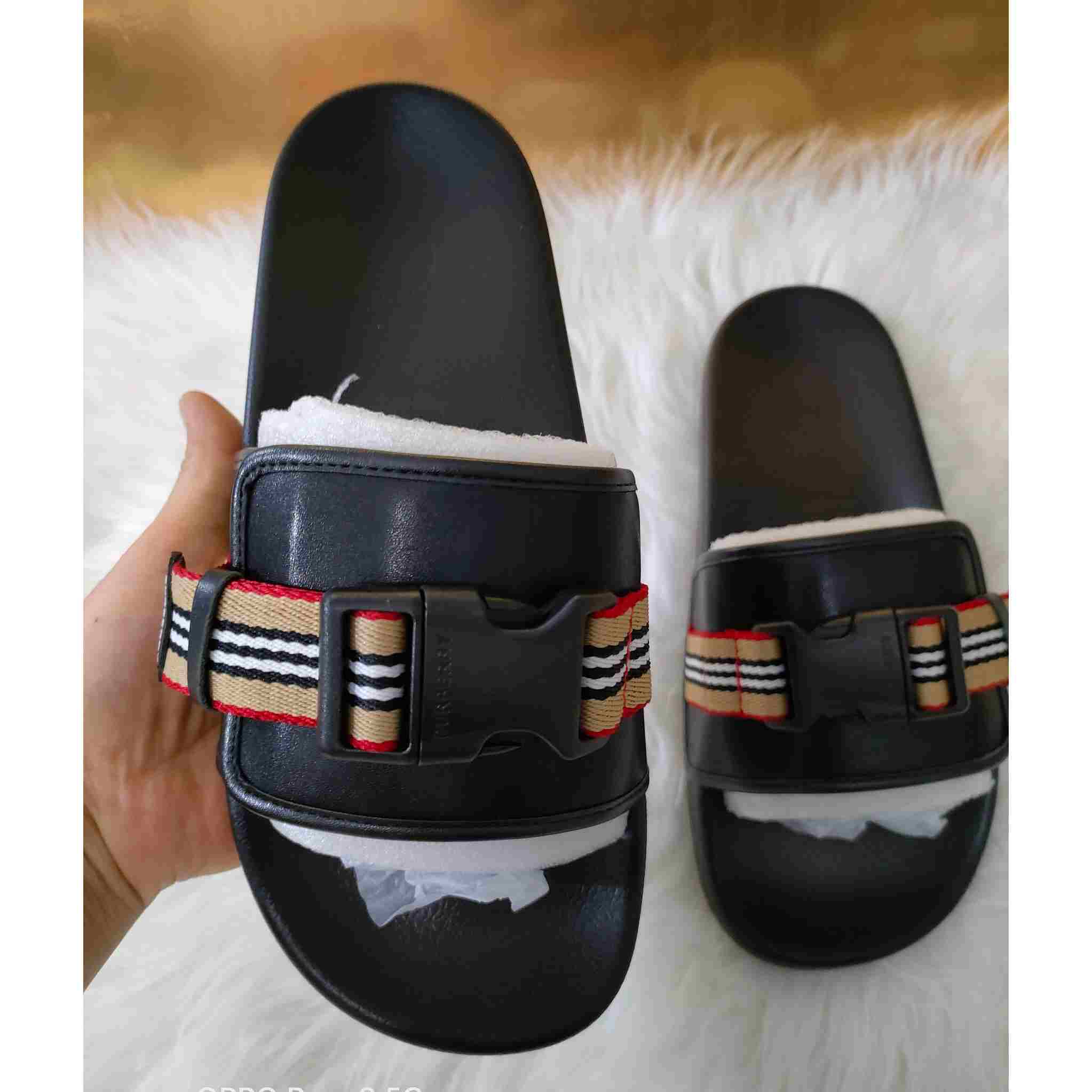 Burberry Icon Stripe Buckled Slides - FashionPlug