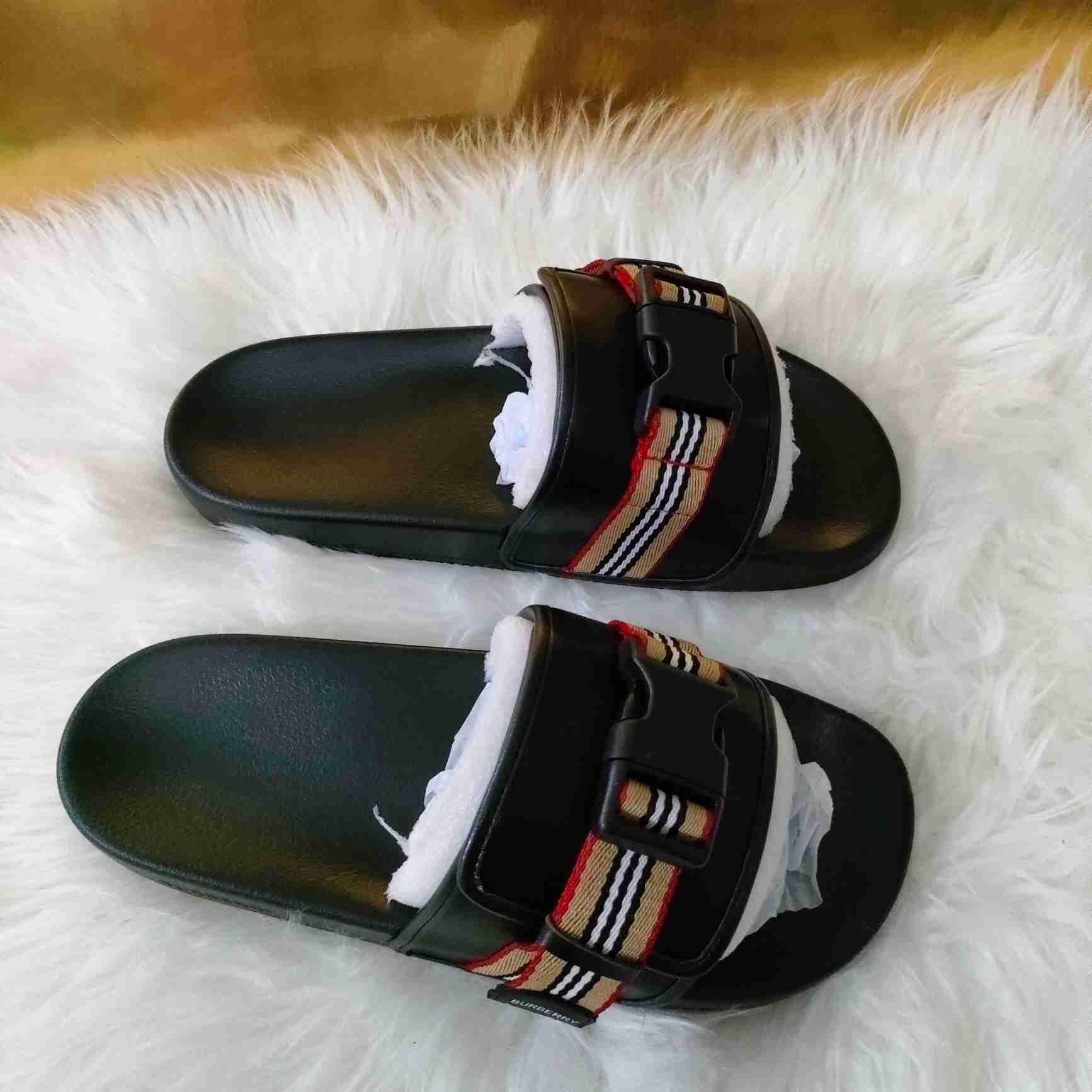 Burberry Icon Stripe Buckled Slides - FashionPlug